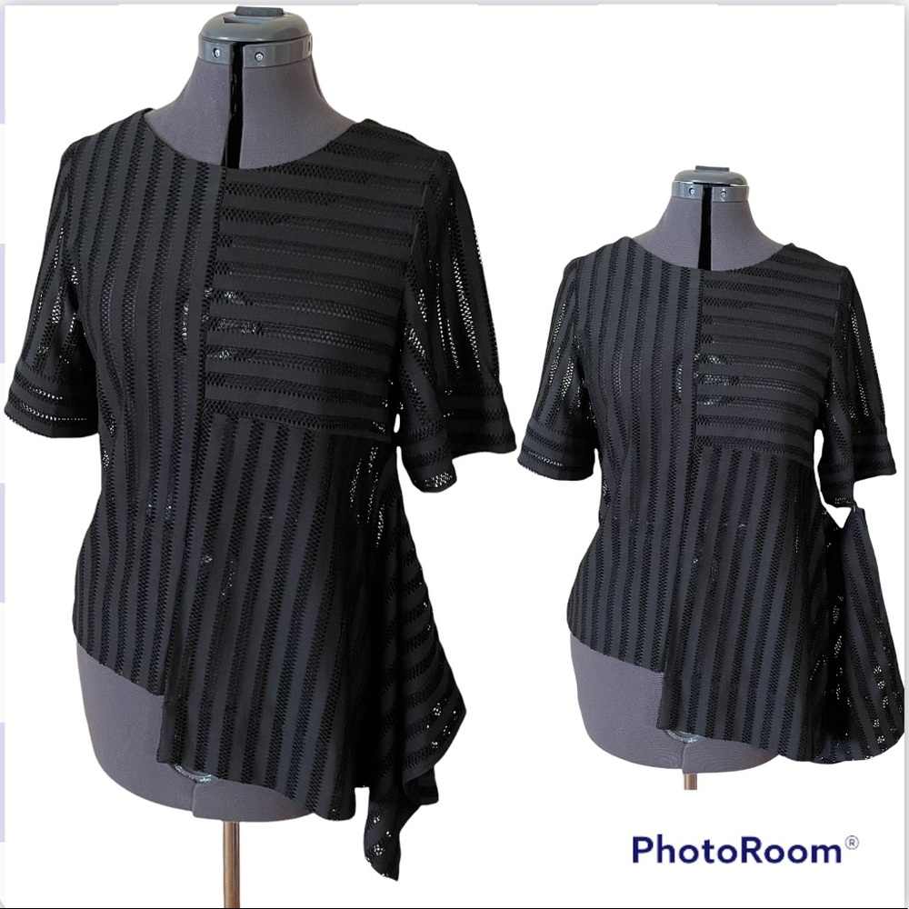 Gracia Black Mesh Striped Asymmetrical Hem Top Size Small